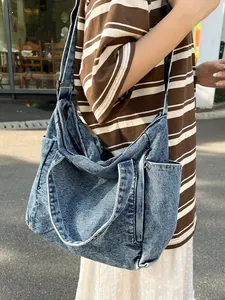 Unisex Retro Washed Denim Tote Bag Large Capacity Messenger Bag Casual Crossbody Shoulder Bag Street Style Travel Handbag