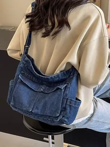 Women Denim Shoulder Bag Vintage Workwear Multi Pocket Crossbody Bag Washed Denim Tote Bag Casual Messenger Bag