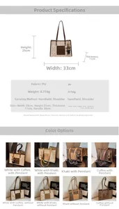 Detailed size parameters and color options for the monogram canvas tote bag with brown trim