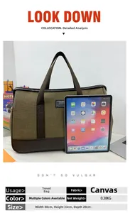 Large olive green canvas travel bag with dimensions 48x33x20cm and 0.38kg weight info