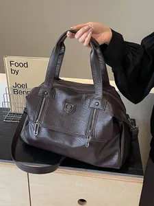 Women Large Capacity PU Leather Tote Bag Western Retro Boston Handbag With Adjustable Shoulder Strap Crossbody Travel Bag