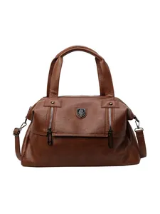 Brown vintage faux leather tote bag with dual zippers and adjustable shoulder strap