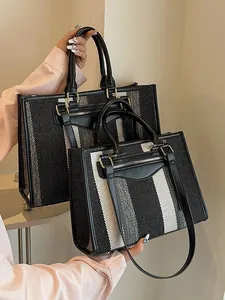 Vintage Gestreepte Canvas Tote Tas Dames Grote Capaciteit Handtas Met PU Leren Rand Kleurblok Schoudertas Voor Dagelijks Gebruik