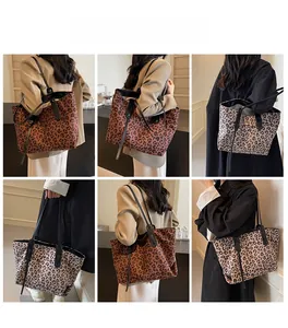 Detailed views of leopard print tote bag styled with various outfits in a collage