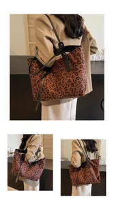 Detailed views of a large leopard print tote bag with black leather straps on a model