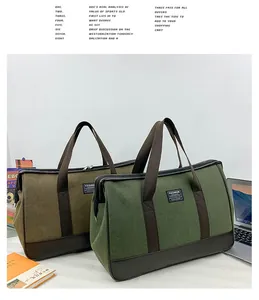 Close-up of canvas travel bags with reinforced leather handles and fashion logo patch