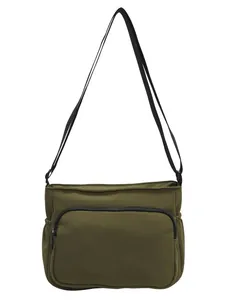 Sac bandoulière en nylon vert armée unisexe avec fermeture éclair et poches latérales