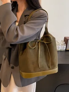 Vintage Large Capacity Frosted PU Leather Tote Bag For Women Bow Spliced Underarm Bucket Shoulder Bag Daily Commute