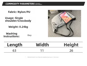 Size chart showing nylon crossbody bag dimensions 63x11x26cm and material details
