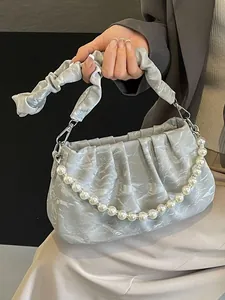 Women Ruched Shoulder Bag Artificial Pearl Chain Underarm Bag Pleated PU Leather Cloud Bag Crossbody Daily Purse Handbag Jewelry Accents