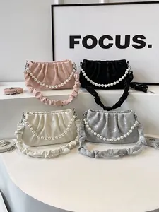 Pleated underarm bag with pearl chain in pink, black, cream, and grey stylish options