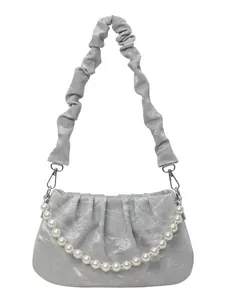 Grey pleated underarm bag with white pearl chain and matching wide cloud shoulder strap