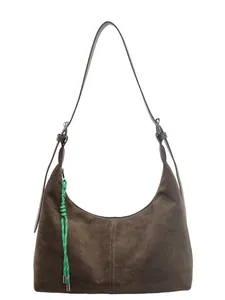 Grand sac à main rétro en daim marron foncé avec fermeture éclair verte contrastée