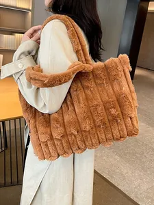 Large Capacity Faux Fur Tote Bag For Women Autumn Winter Solid Color Ribbed Plush Shoulder Bag Streetwear Fashion Handbag