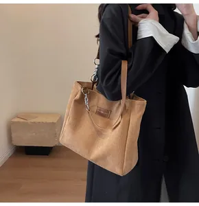 Detalle del bolso tote de pana marrón claro con textura a rayas y etiqueta de cuero
