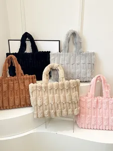 Plush tote bags in five colors with soft striped texture for autumn winter fashion