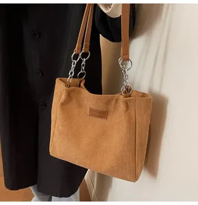 Detalle de bolso tote de pana marrón con etiqueta de moda y correa de cadena metálica