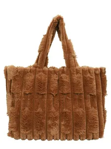 Brown plush tote bag with vertical stripes for autumn winter casual fashion
