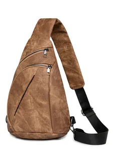 Sac de poitrine vintage en cuir PU marron avec sangle réglable et plusieurs zips