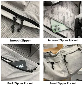 Detailed views of light grey nylon crossbody bag showing smooth zippers and multi-pocket design