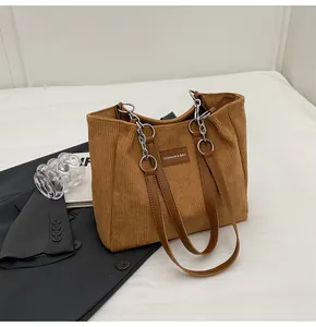 Detalle de bolso tote de pana marrón con correa de cadena metálica y parche de logo