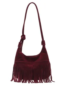 Vintage bordeauxrode suède crossbody tas met stijlvolle kwastjes en knoopsluiting
