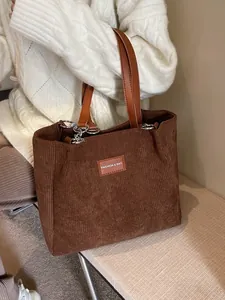 Bolso Tote de Pana Rayado para Mujer Gran Capacidad Bolso de Hombro Con Correa de Cadena de Metal Retro Vintage Handbag