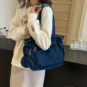 Women Large Capacity Denim Tote Bag Retro Washed Multi Pocket Shoulder Bag With Detachable Round Coin Purse Crossbody Bag