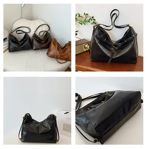 Detalle de bolsos tote grandes de piel sintética vintage con hebillas de metal en tres colores