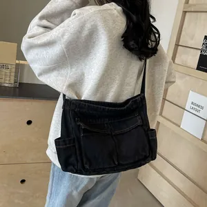 Women Denim Crossbody Bag Multi Pocket Workwear Shoulder Bag Large Capacity Washed Denim Messenger Bag For Daily School Commute