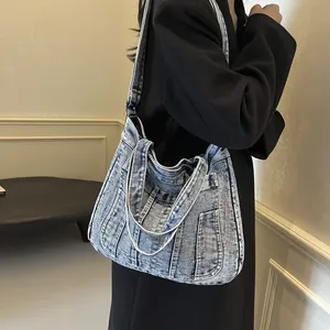 Vintage Washed Denim Tote Bag For Women Large Capacity Multi Pocket Workwear Style Shoulder Crossbody Handbag Casual Bag