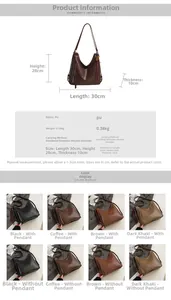 Detailed view of large PU leather hobo bag showing various color options and dimensions