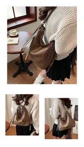 Detailed view of a vintage brown PU leather tote bag with stylish colorful braided tassels