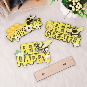 Bee themed wooden table signs set with Bee Happy and Welcome text for home decoration