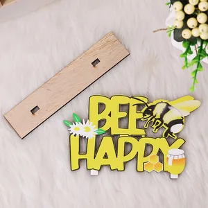 Bee Happy wooden table sign with base for rustic holiday honey bee party decoration