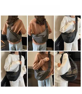 Collage of black nylon crescent bag worn by a model to show versatile carrying styles