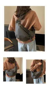 Detailed views of black crescent crossbody bag with braided rope zipper on model