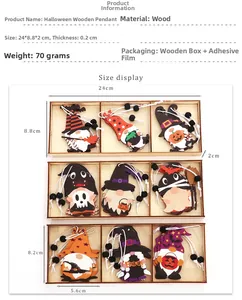 Set of 9 Halloween wooden gnome pendants in a storage box showing exact size and details