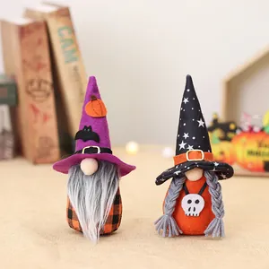 Pair of creative Halloween gnomes plush with wizard hats for festive home decoration
