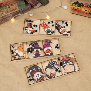 Halloween Wooden Gnomes Ornaments Set With Wood Storage Box Painted Wood Pendants For Halloween Party Home Festive Decor