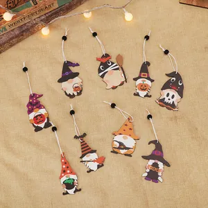 Set of 9 Halloween wooden gnome pendants featuring pumpkin and wizard hat decorations