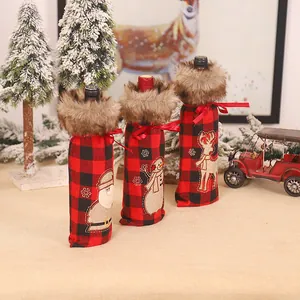 3-pack Christmas wine bottle covers featuring Santa, snowman, and reindeer with buffalo plaid