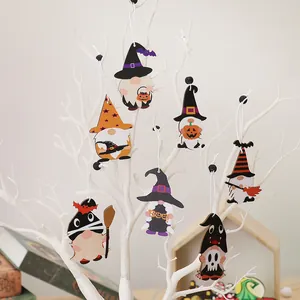 7-piece set of Halloween wooden gnome ornaments featuring pumpkins and wizard hats