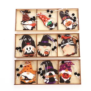 Halloween wooden gnome pendants set with pumpkins and skulls in a wooden box