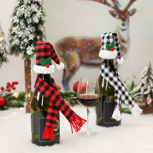 Christmas buffalo plaid wine bottle hat and scarf set for holiday table decor