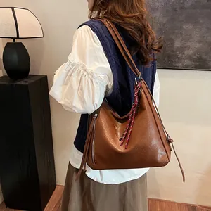 Vintage PU Leather Large Capacity Tote Bag For Women Multi-Way Shoulder Bag Backpack Casual Commuting Hobo Bag With Charm