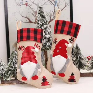 Set of 2 Christmas stockings with gnome embroidery, plaid cuffs and rustic burlap fabric