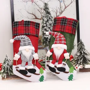 Christmas stockings set with 3D faceless gnomes and festive skiing theme decorations