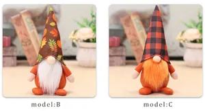 Detail of harvest gnomes with buffalo plaid and pumpkin maple leaf pattern hats