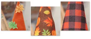 Detail showing autumn gnomes felt textures with maple leaf and pumpkin prints